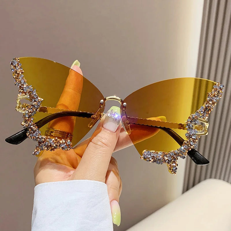 Luxury Diamond Butterfly Sunglasses for Women - Y2K Vintage Rimless Oversized UV400 Eyewear