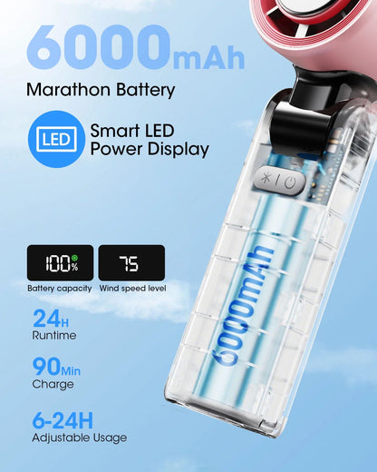 Portable Handheld Fan with Ice Cooler and Flashlight, Chill to 60℉ in Seconds, 20H Runtime,6500Mah Rechargeable Fan, Multi-Function Gifts for Beach Travel Vacation(Pink)