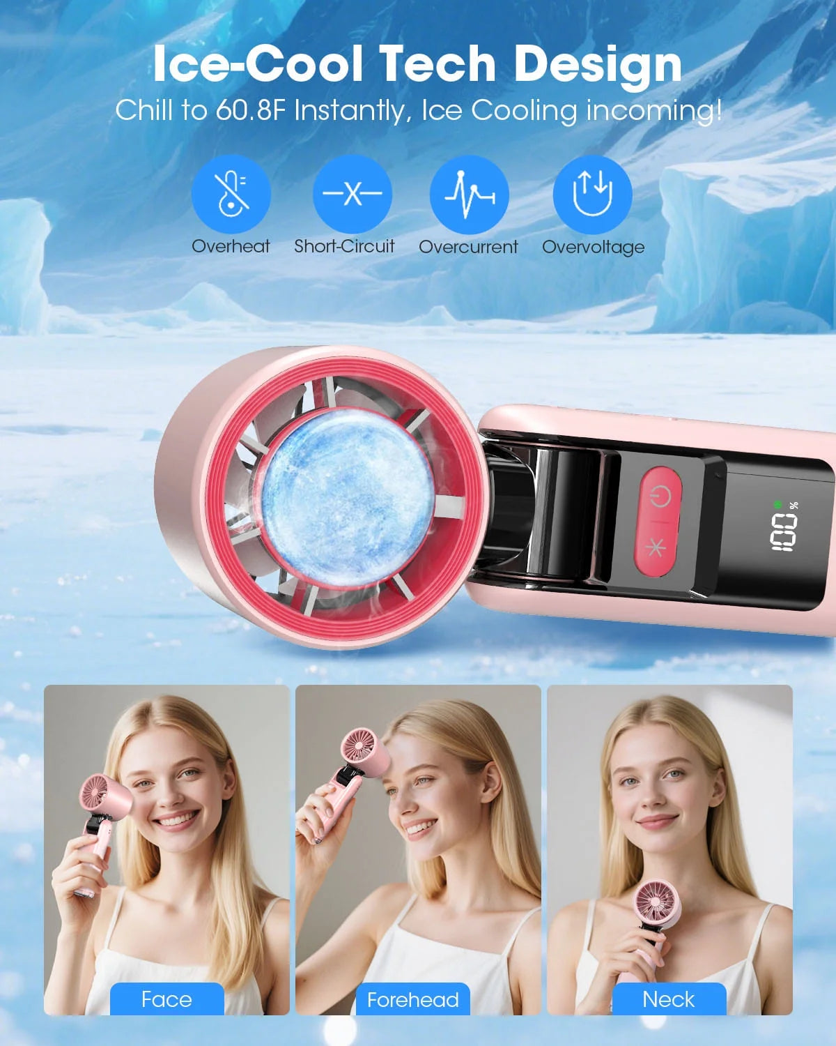 Portable Handheld Fan with Ice Cooler and Flashlight, Chill to 60℉ in Seconds, 20H Runtime,6500Mah Rechargeable Fan, Multi-Function Gifts for Beach Travel Vacation(Pink)