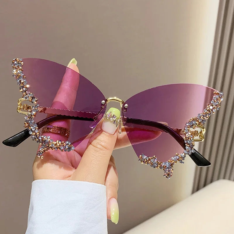 Luxury Diamond Butterfly Sunglasses for Women - Y2K Vintage Rimless Oversized UV400 Eyewear