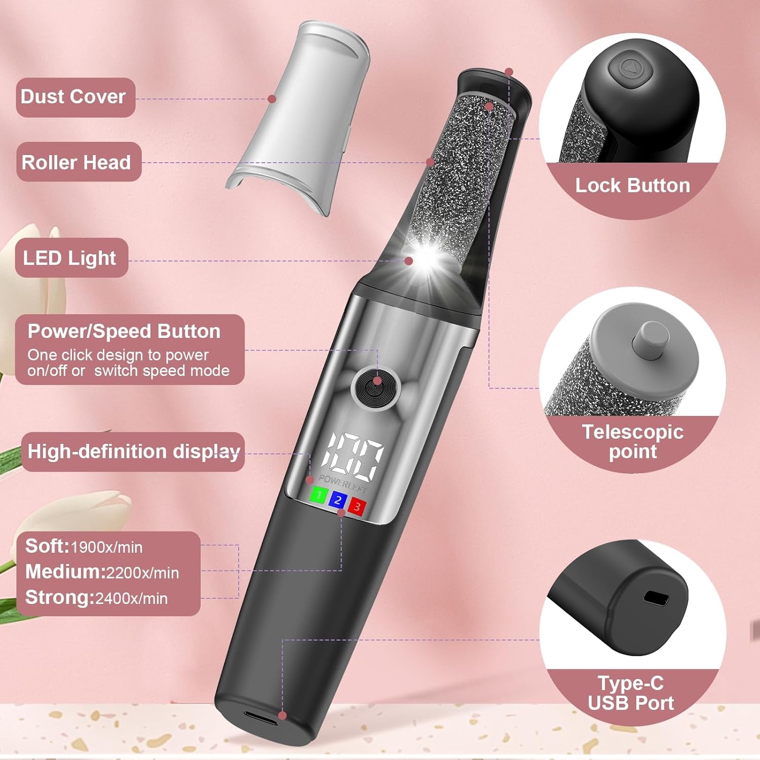 Electric Callus Removers for Feet, Smooth Pedicure Wand Rechargeable Electric Foot File,Professional Pedicure Tools for Dry, Dead, Cracked, Hard Skin, at Home Feet Spa Care Kit for Men & Women