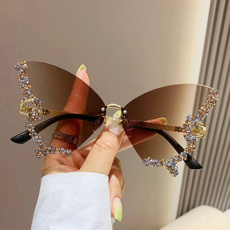 Luxury Diamond Butterfly Sunglasses for Women - Y2K Vintage Rimless Oversized UV400 Eyewear