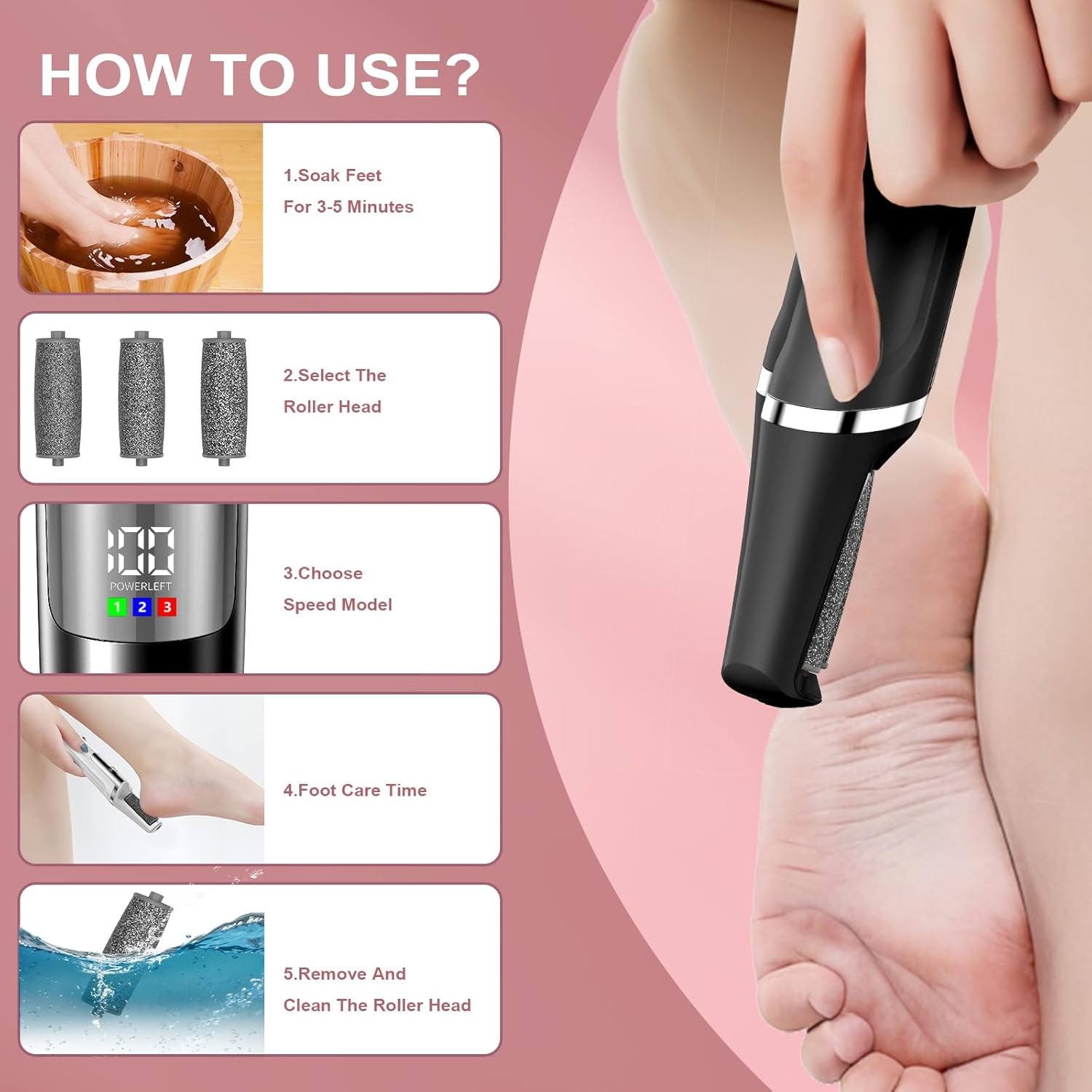 Electric Callus Removers for Feet, Smooth Pedicure Wand Rechargeable Electric Foot File,Professional Pedicure Tools for Dry, Dead, Cracked, Hard Skin, at Home Feet Spa Care Kit for Men & Women