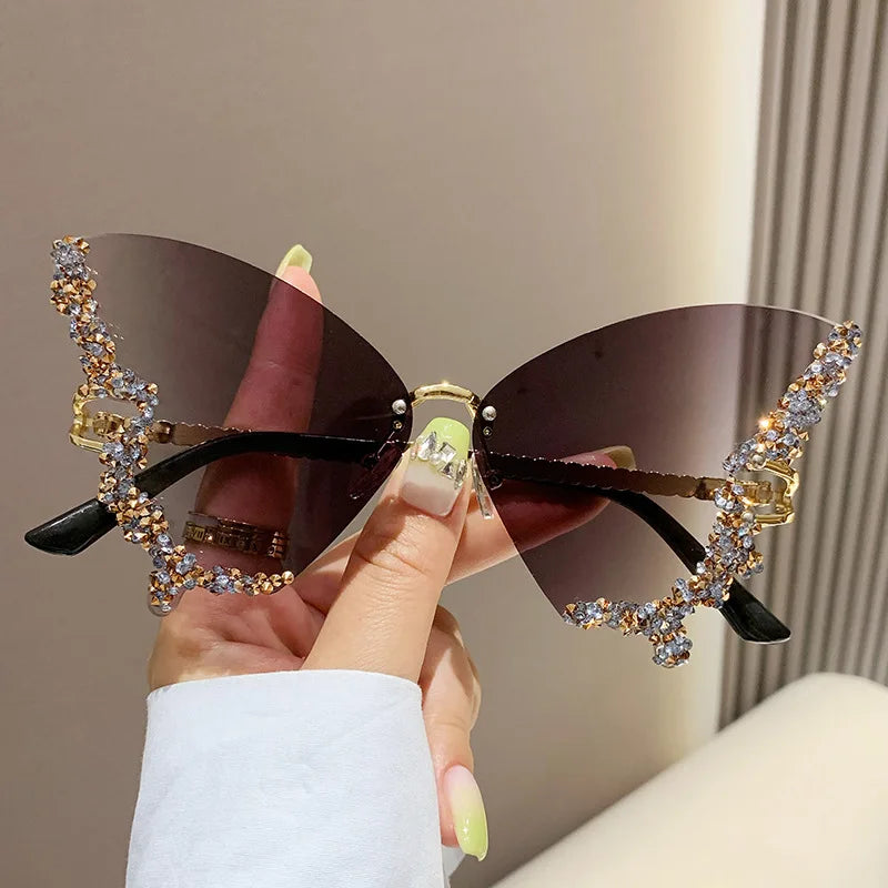 Luxury Diamond Butterfly Sunglasses for Women - Y2K Vintage Rimless Oversized UV400 Eyewear