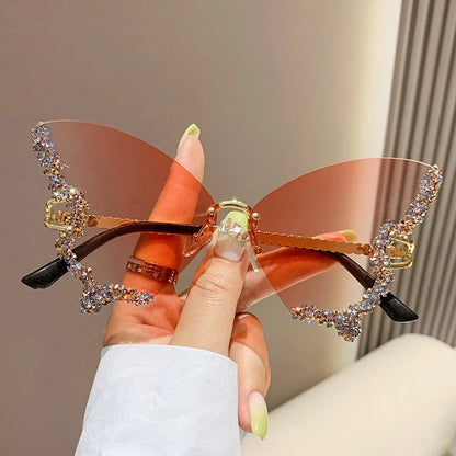 Luxury Diamond Butterfly Sunglasses for Women - Y2K Vintage Rimless Oversized UV400 Eyewear
