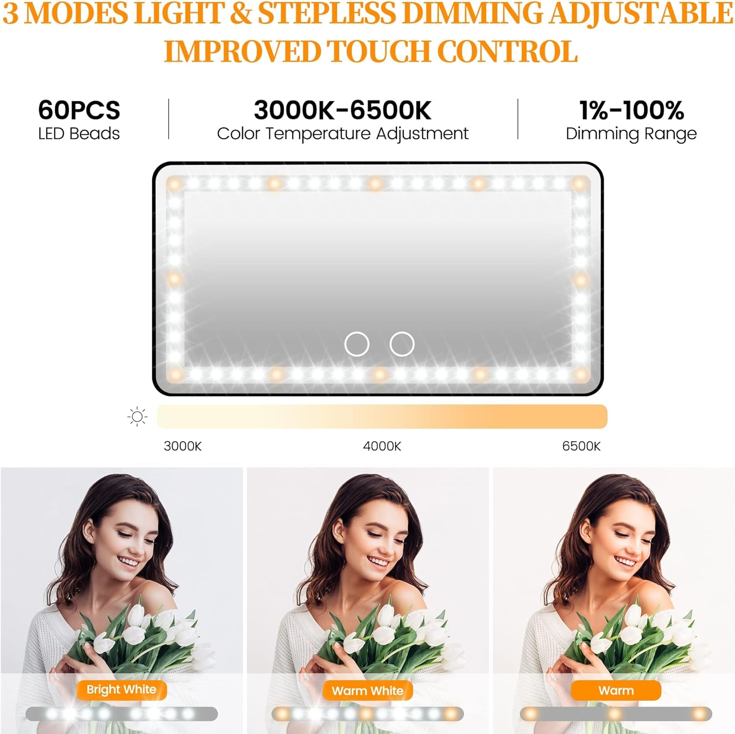 Car Sun Visor Vanity Mirror with Lights, Rechargeable Car Makeup Mirror Accessories, Birthday Gifts for Women Girl, 3 Light Modes, Dimmable Touch Led Screen, Universal for Car Truck