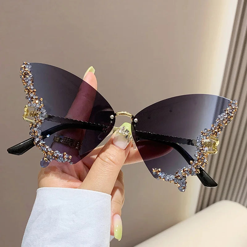 Luxury Diamond Butterfly Sunglasses for Women - Y2K Vintage Rimless Oversized UV400 Eyewear