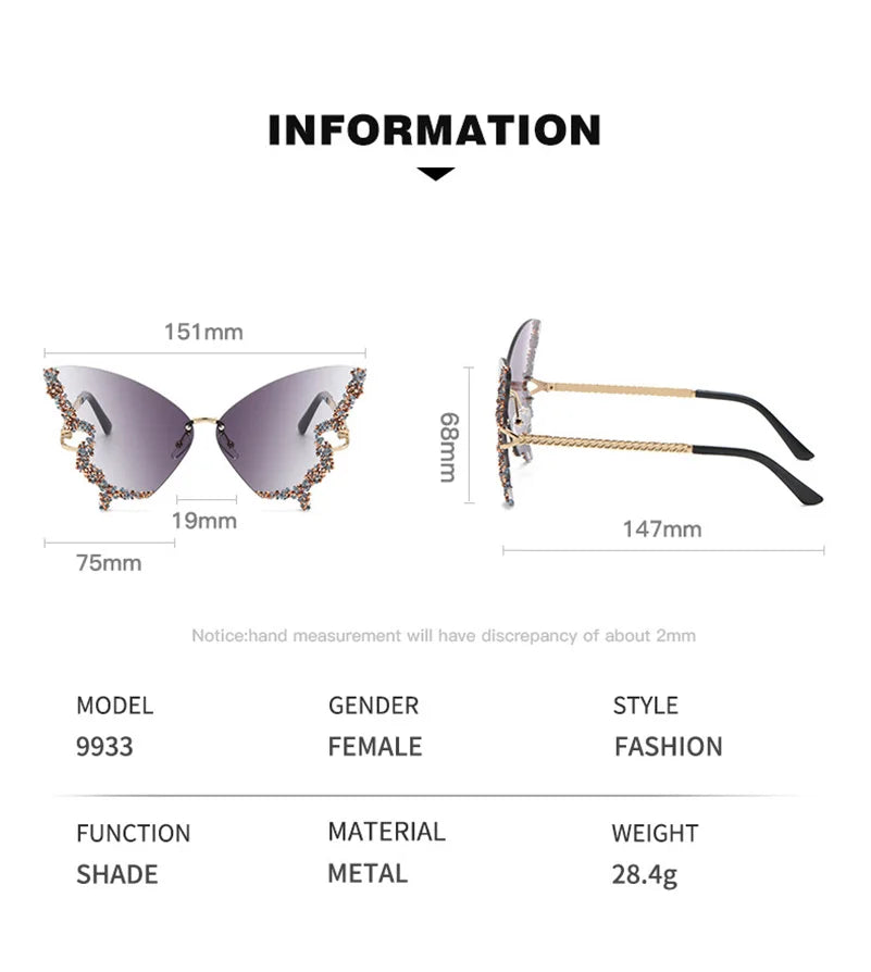 Luxury Diamond Butterfly Sunglasses for Women - Y2K Vintage Rimless Oversized UV400 Eyewear