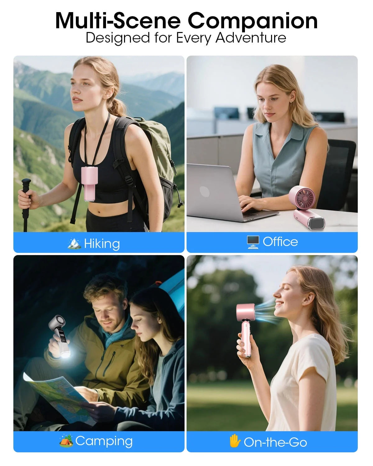 Portable Handheld Fan with Ice Cooler and Flashlight, Chill to 60℉ in Seconds, 20H Runtime,6500Mah Rechargeable Fan, Multi-Function Gifts for Beach Travel Vacation(Pink)